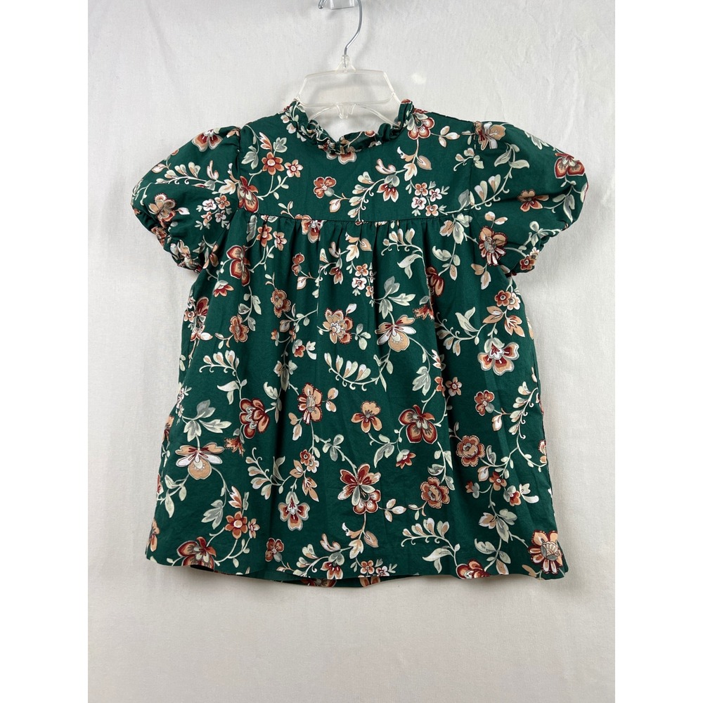 Janie and Jack Floral Blouse Girls 10 Green Ruffle Neck Puff Sleeve Cotton Top